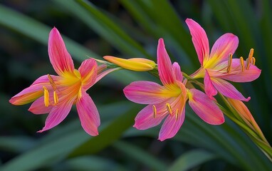 Fototapeta premium Vibrant pink and yellow flowers in a natural setting.