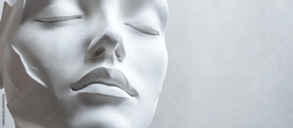 Poster minimalist close-up of an abstract face sculpture with soft features and blank space for creative te