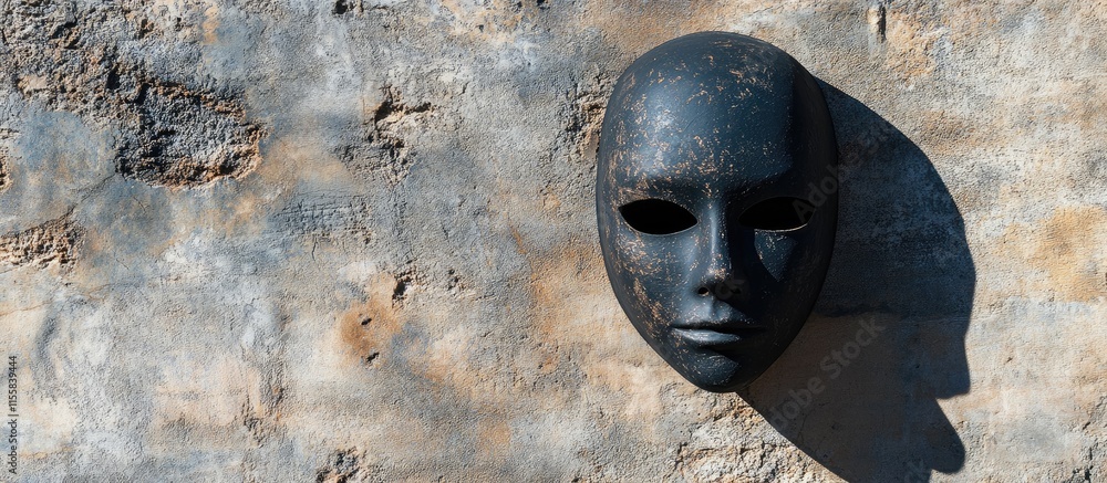Poster black face mask casting shadow on textured wall in an abandoned urban setting with ample space for t