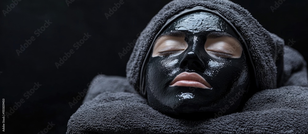 Aufkleber black face mask treatment on a serene model with empty space for text in a spa environment highlight