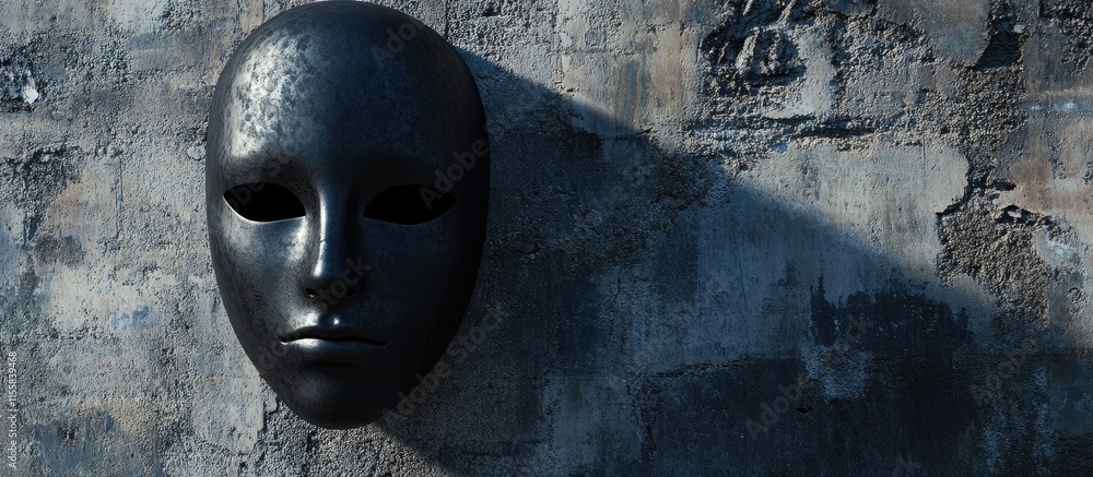 Poster black face mask casting shadow on textured abandoned wall with empty space for text and dramatic lig