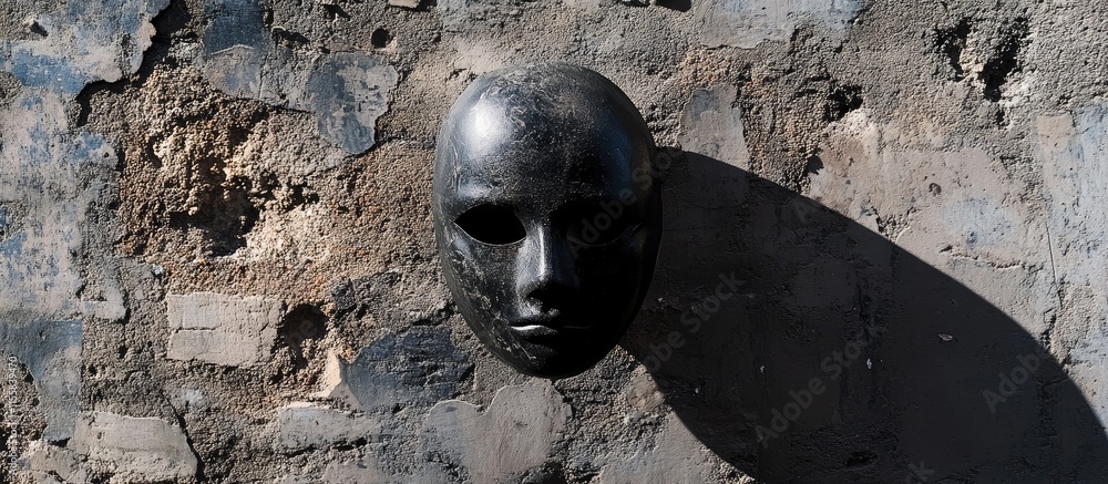 Poster black face mask casting shadow on weathered urban wall creating dramatic composition with empty copy