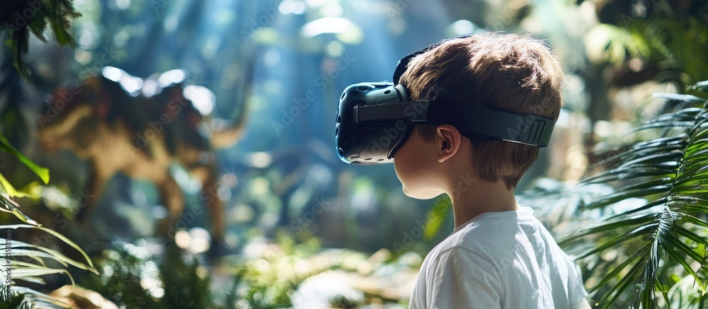 Poster boy using virtual reality headset in a lush jungle environment experiencing adventures and exploring