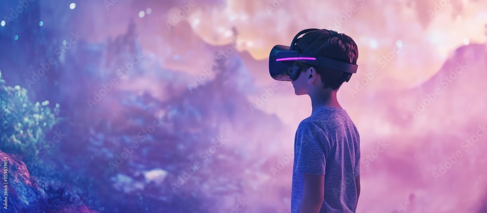 Poster boy experiencing virtual reality in a vibrant digital landscape exploring immersive adventures with 