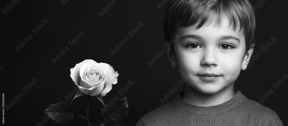 Poster boy holding a rose in a black and white portrait with ample empty space for text or branding in a mi