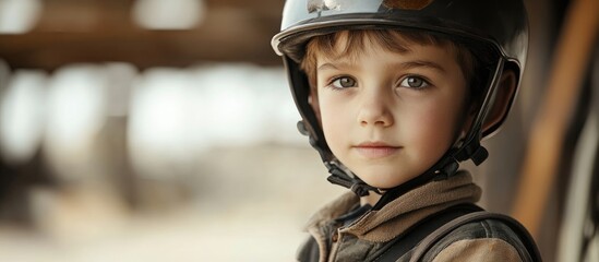 Boy in horse riding helmet with focused expression and space for personalized text, ideal for equestrian-themed promotions or educational materials