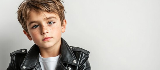 Boy with freckled face wearing black leather jacket against plain background with ample space for customization or text placement