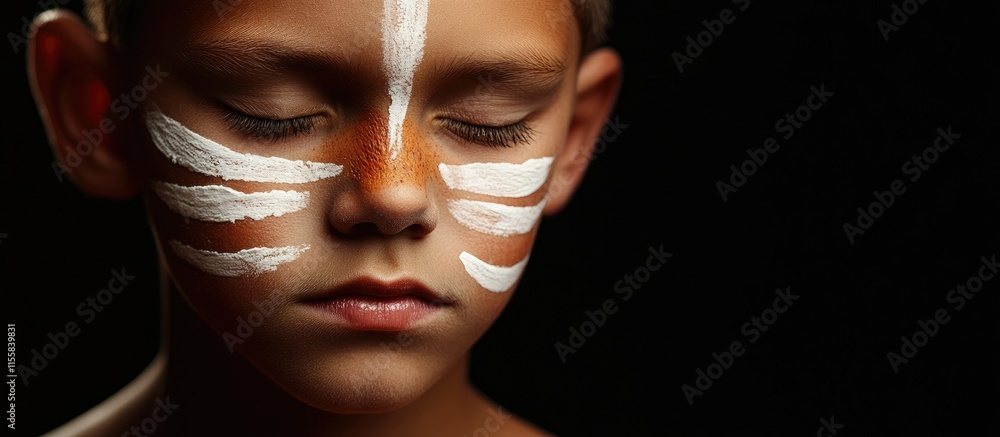 Aufkleber boy with tribal face paint eyes closed expressing emotion with dark background and ample copy space 
