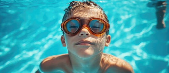 Boys Swimming Championship Focus on Young Swimmer with Goggles in Clear Blue Water Copy Space for Text in Sports and Aquatics Theme