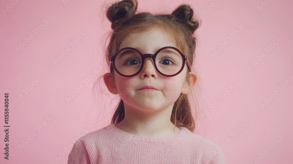 Poster playful child with oversized glasses and joyful expression against pink backdrop with ample copy spa