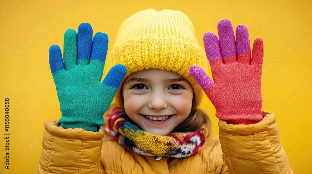 Poster cheerful child with colorful gloves on head smiling warmly against a bright yellow background with a