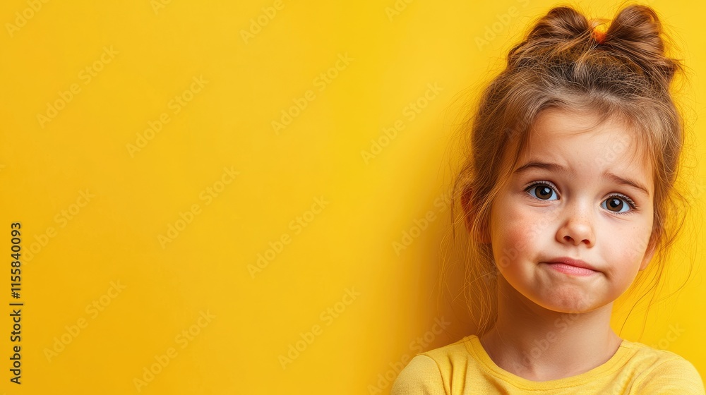 Poster child expressing emotions against a vibrant yellow background with ample copy space for text and foc