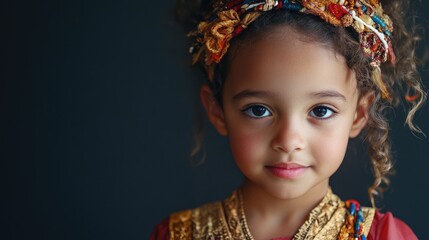 Fototapeta premium Child expressing pride in their culture with traditional attire showcasing a shy demeanor against a neutral background with ample empty space