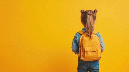 Child facing yellow background with yellow backpack symbolizing back to school theme and providing empty space for text or messages
