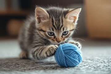 Playful kitten exploring orange yarn ball in a sunny garden setting