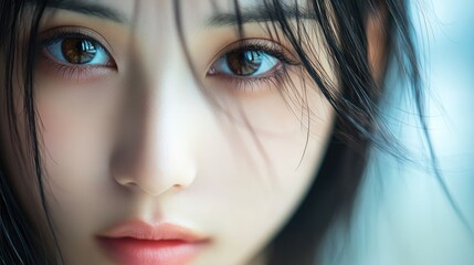 Close Up Portrait of Elegant Asian Fashion Model with Flawless Skin and Expressive Eyes in Soft Natural Light