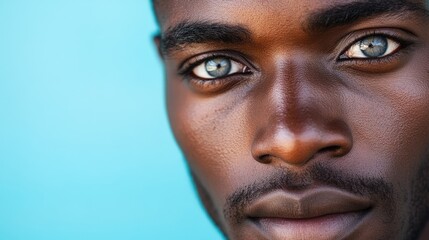 Fototapeta premium Close up portrait of young man with striking gray eyes on light blue background showcasing intense gaze and empty space for copy text