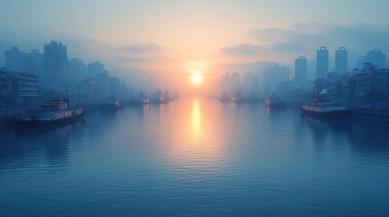 Naklejka premium Misty sunrise over harbor with numerous ships.