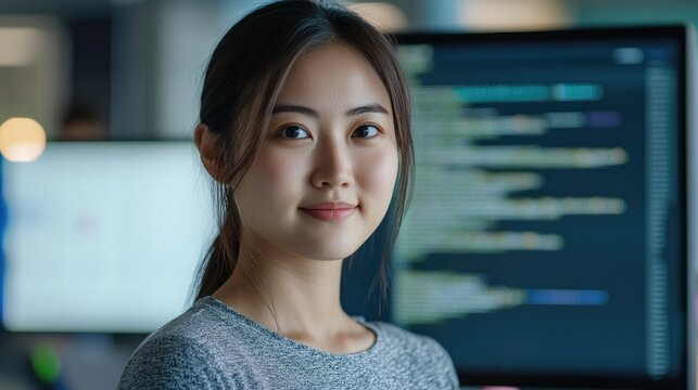 Confident Young Asian Female App Developer in Modern Office Environment with Computer Code Background and Space for Text Overlay
