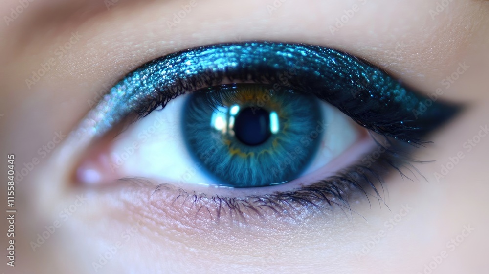 Poster close up of a stunning blue eye showcasing vibrant colors and reflections with ample blank space for