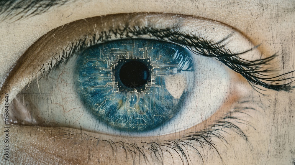 Aufkleber close up of a blue eye with circuit patterns and empty space for text representing technology and in