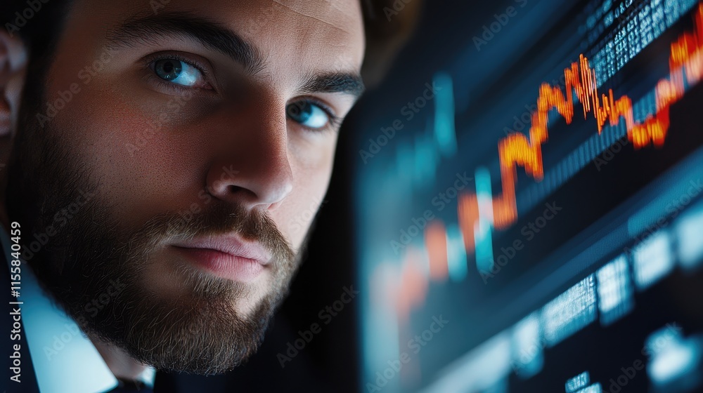 Poster businessman analyzing financial data on screen with focus on investment trends and empty space for d