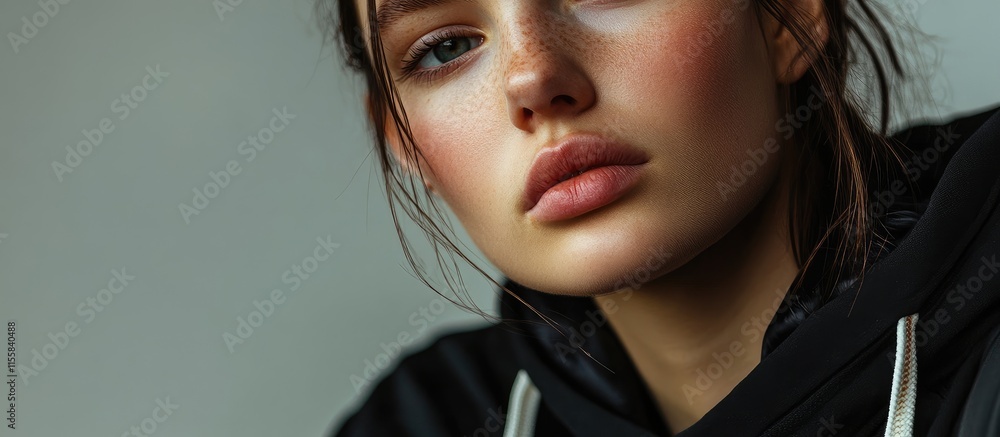 Poster fashion portrait of a model in tracksuit showcasing expressive facial features with soft lighting an