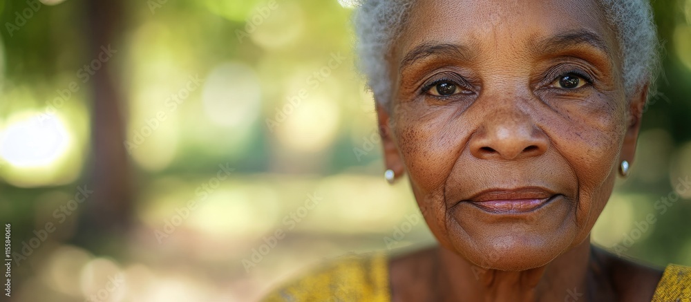 Poster close up portrait of a senior woman in a park with natural light and a blurred background ideal for 
