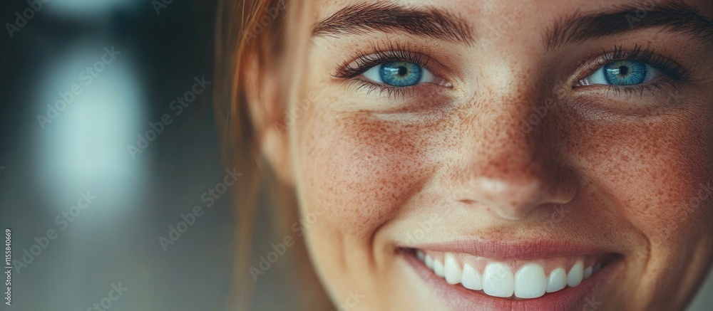 Poster smiling woman with blue eyes showcasing confidence and warmth with ample space for text in a soft fo