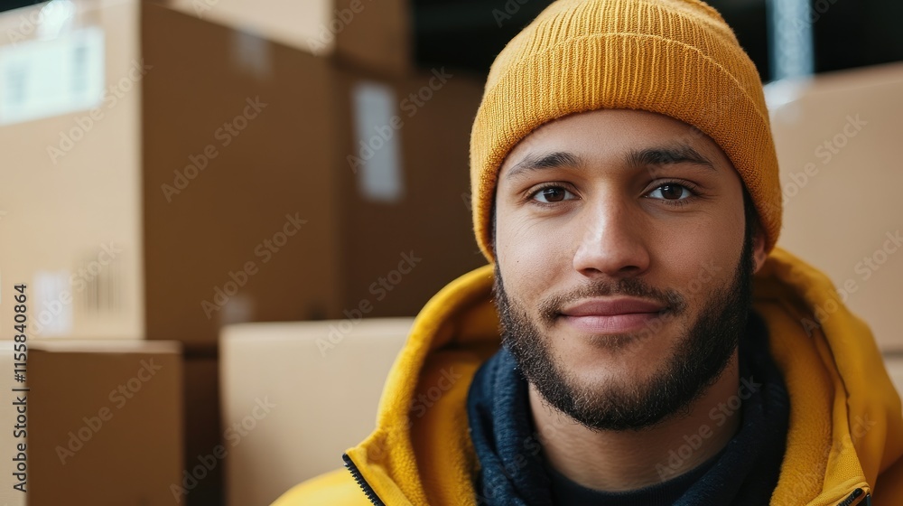 Poster warehouse worker portrait with cardboard boxes and empty space for text in a logistics or supply cha