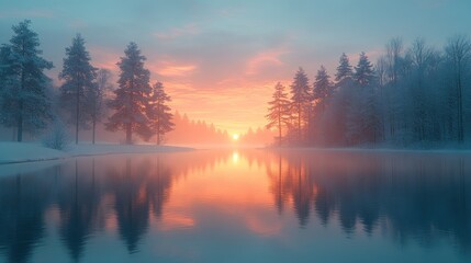 Fototapeta premium Misty sunrise over a frozen lake in a snowy pine forest.