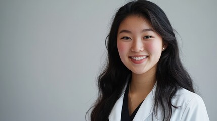 Obraz premium Portrait of a smiling young nurse in a lab coat with soft lighting and neutral background ideal for healthcare and medical promotions