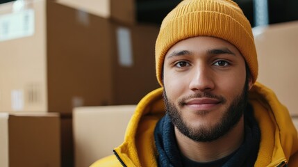 Warehouse worker portrait with cardboard boxes and empty space for text in a logistics or supply chain environment