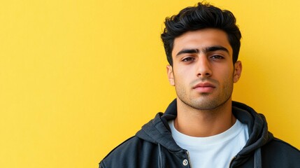 Fashionable young Middle Eastern man in street style attire against a vibrant yellow background with ample copy space for text.
