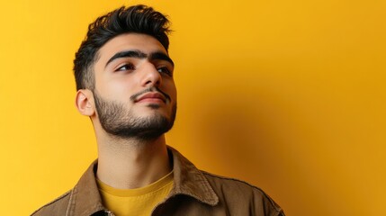 Obraz premium Portrait of a stylish young man with dark hair against a yellow backdrop showcasing fashion and confidence with ample space for text placement