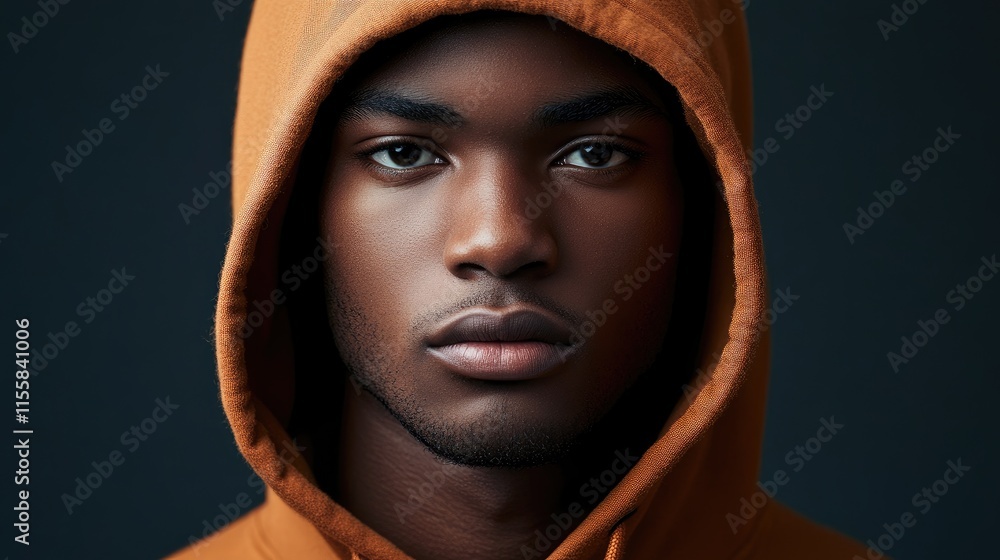 Poster close up portrait of a young man in a brown hoodie with a serious expression dark background and amp