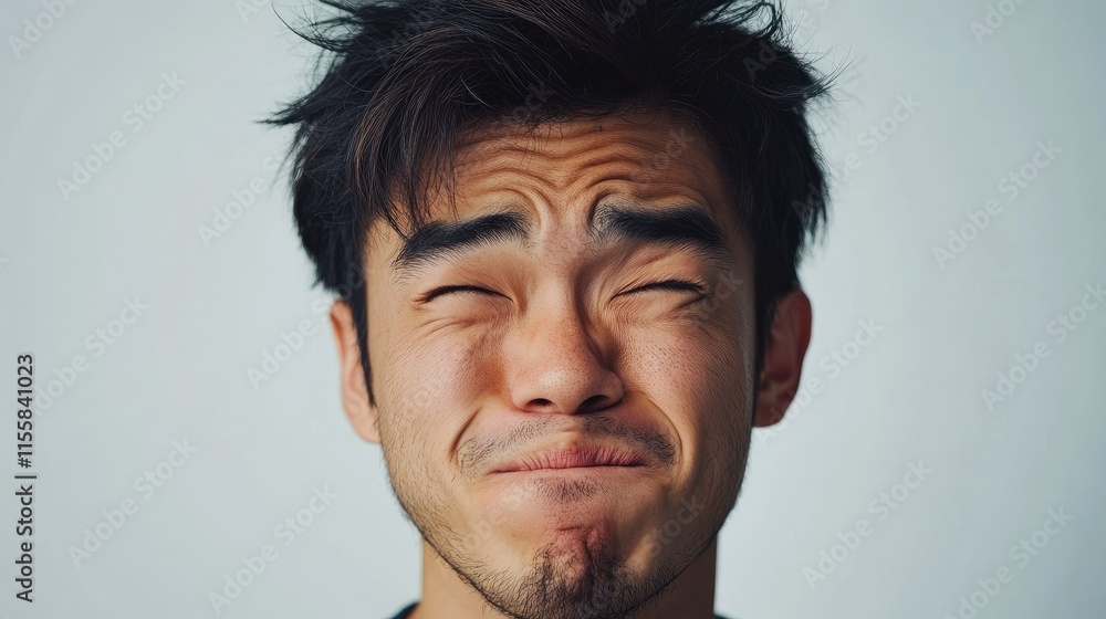 Poster playful young man showing funny expression with scrunched face slightly smiling against light backgr