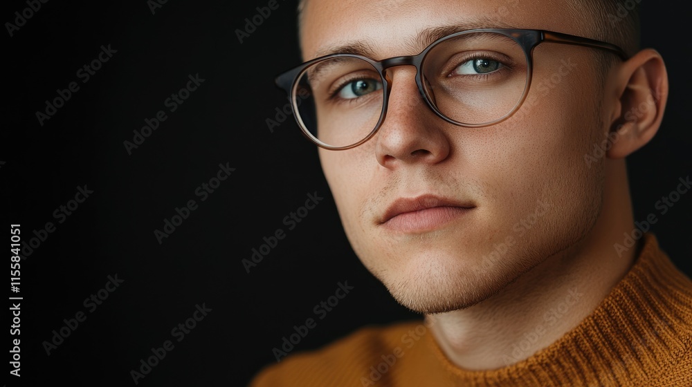 Poster young man wearing glasses in a close-up portrait with dark background and ample copy space for text 