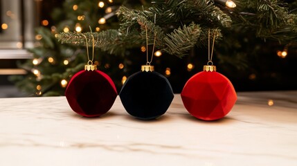 a collection of Christmas ornaments made from soft velvet in jewel tones ruby red emerald green and deep sapphire each ornament in geometric shapes like cubes and pyramids suspended by golden silk