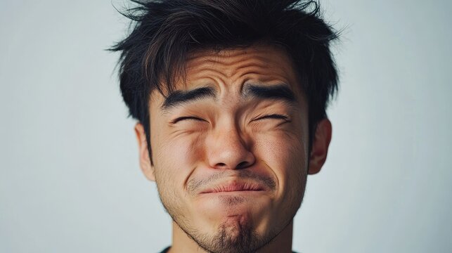 Playful young man showing funny expression with scrunched face slightly smiling against light background ideal for humor and personality display