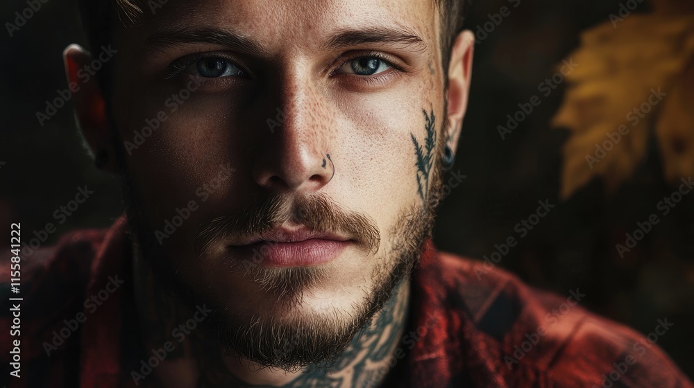 Poster young man with tree tattoo close up portrait showcasing intricate details and expressive features wi