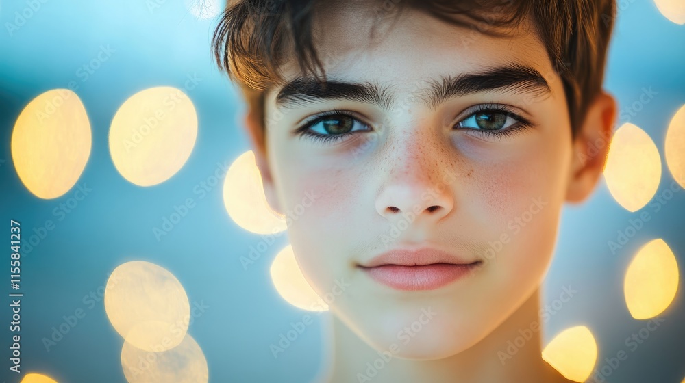 Poster close up portrait of a youthful individual with soft bokeh background and ample space for text overl