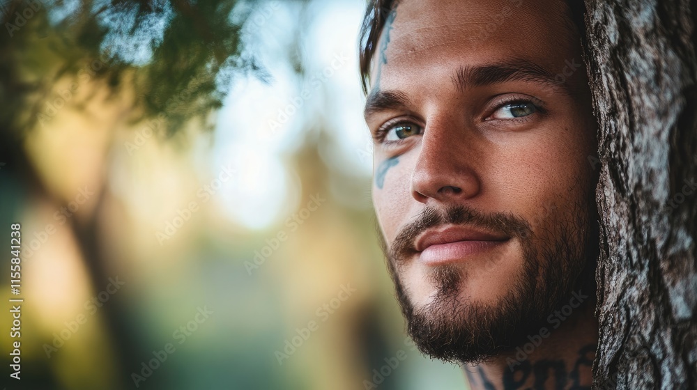 Fototapete young man with tree tattoo leaning against a tree in a serene outdoor setting with space for text an