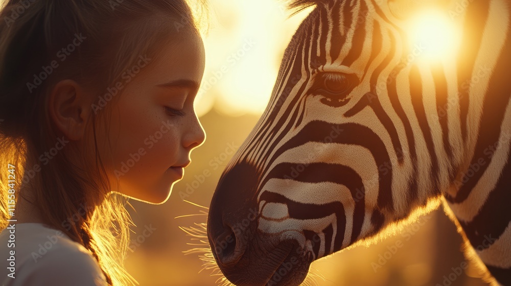 Poster close up of a girl and a zebra during sunset creating a warm, intimate atmosphere with empty space f