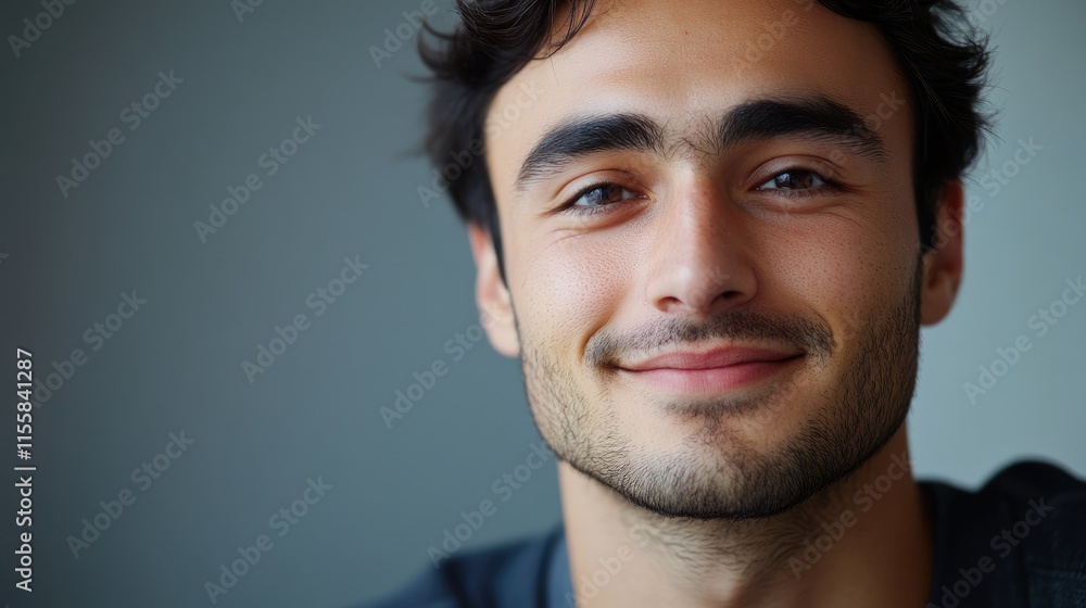 Poster Smiling young male portrait with expressive features and empty space for text showcasing happiness and approachability in a professional setting