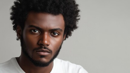 Fototapeta premium Young man with Afro hairstyle and facial hair displaying a serious expression in a white t-shirt against a neutral background for text placement.