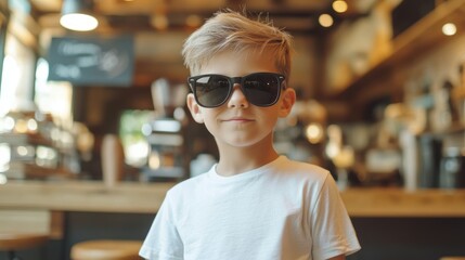 Obraz premium Stylish young boy in sunglasses posing confidently in a trendy cafe with a bright atmosphere and space for text or branding.