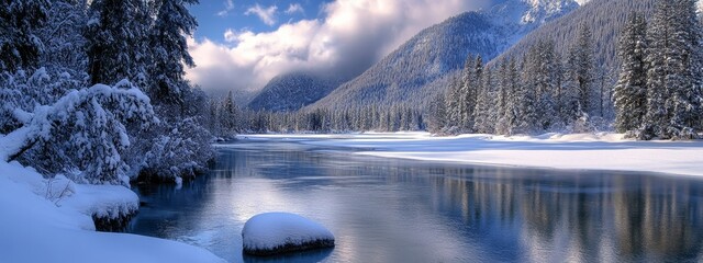 A serene winter landscape featuring snow-covered trees and a calm river.