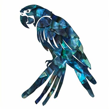Stylized minimalist silhouette Brazilian blue arara macaw rendered design reminiscent paua shells intricately detailed feathers shimmering multicolored plumage