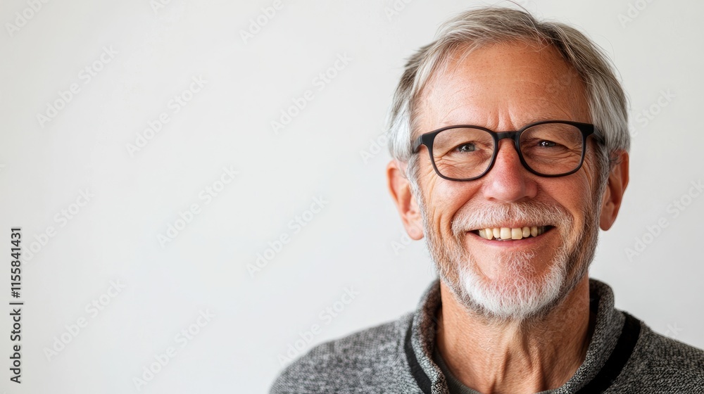 Poster close up portrait of a smiling senior man with glasses on a white background showcasing empty space 
